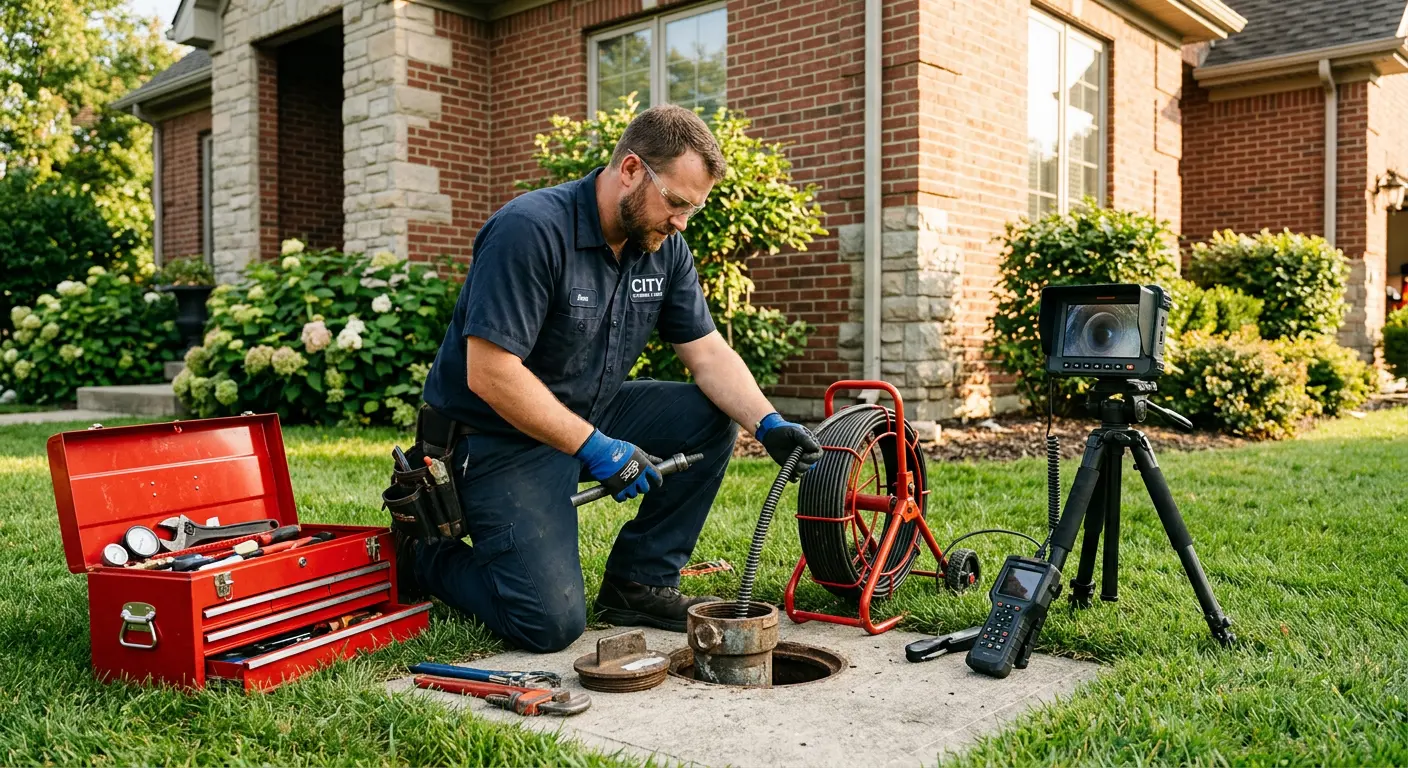Sewer specialist with camera equipment servicing a cleanout in Covington