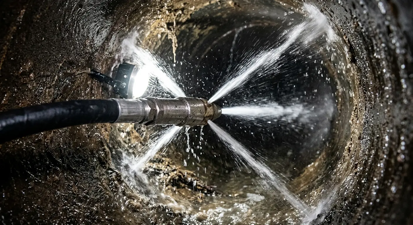 High-pressure hydro jetting nozzle cleaning sewer pipe for Sewer Cleanout in Covington