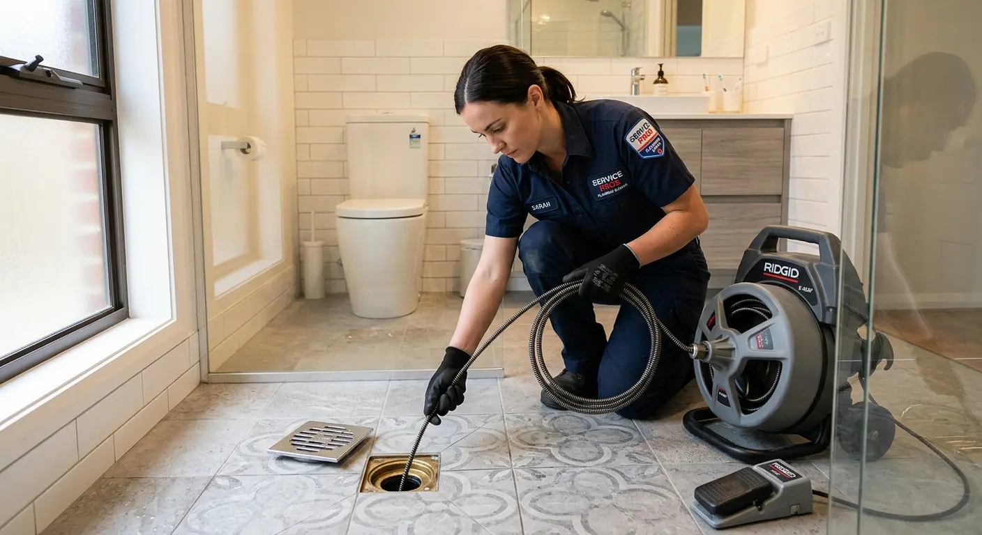 Technician clearing a bathroom floor drain for Drain Cleaning in Covington